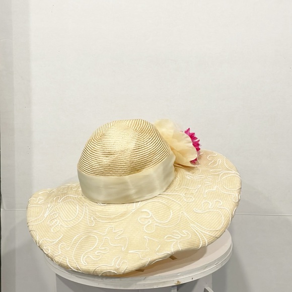 ANN VUILLE‎  Womens Straw Cream Formal Hat Floral Derby Horse Race Church Summer main image 4